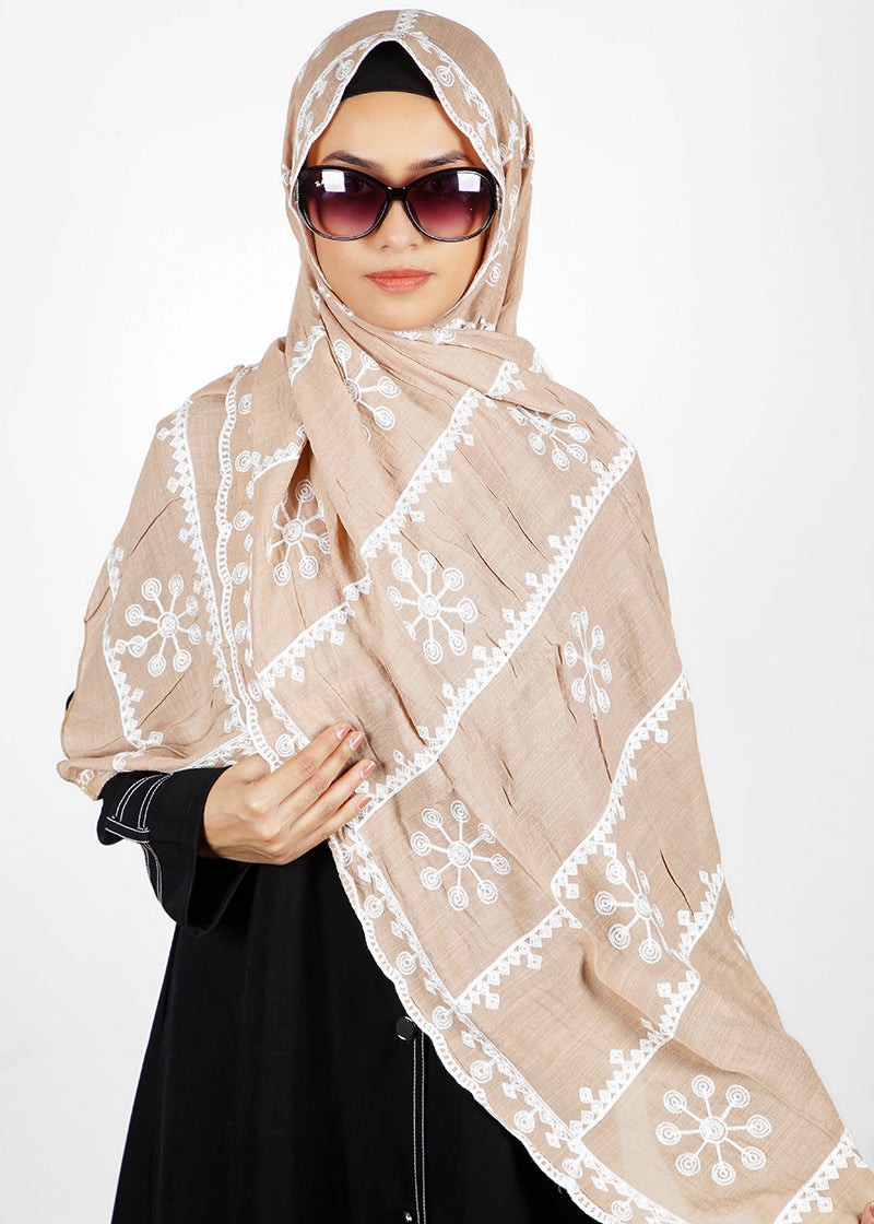BeingMuslims Desginer Embroidered Cotton Hijab Beige Pack of 10