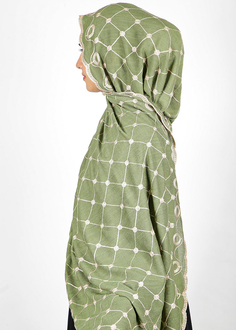 BeingMuslims Graceful Embroidered Cotton Hijab Green Pack of 10