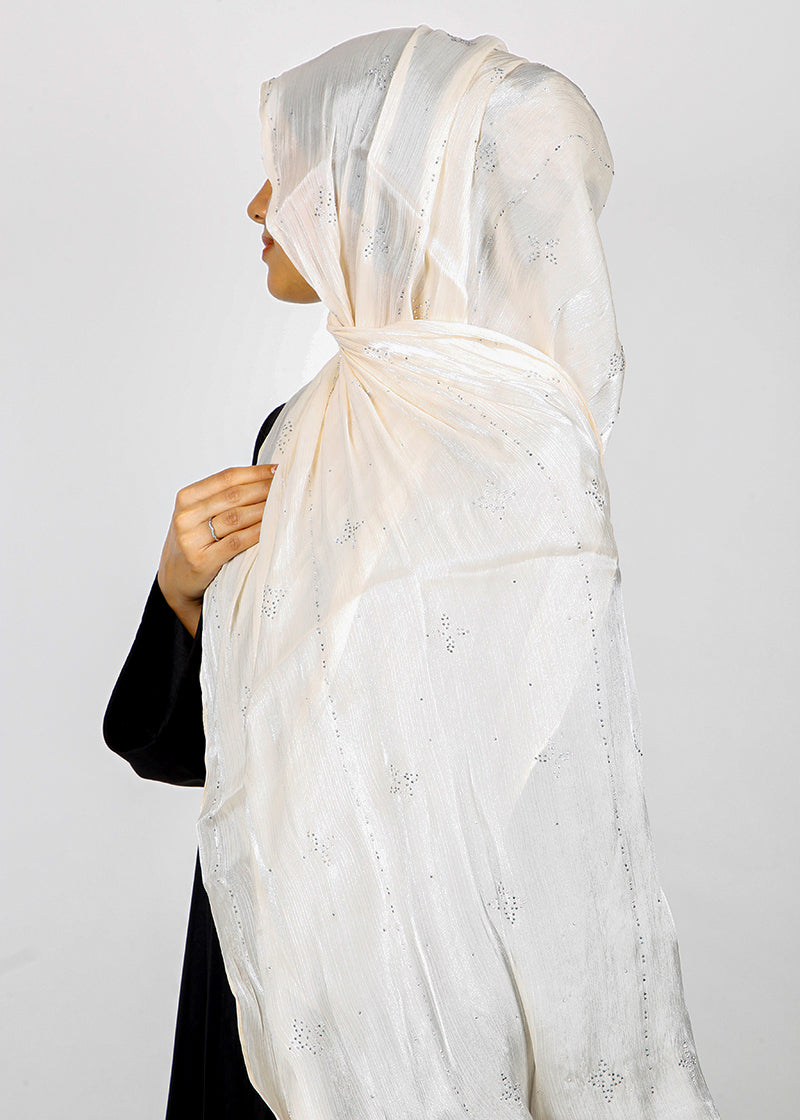 BeingMuslims Graceful Diamond Work Organza Hijab Ivory Pack of 10
