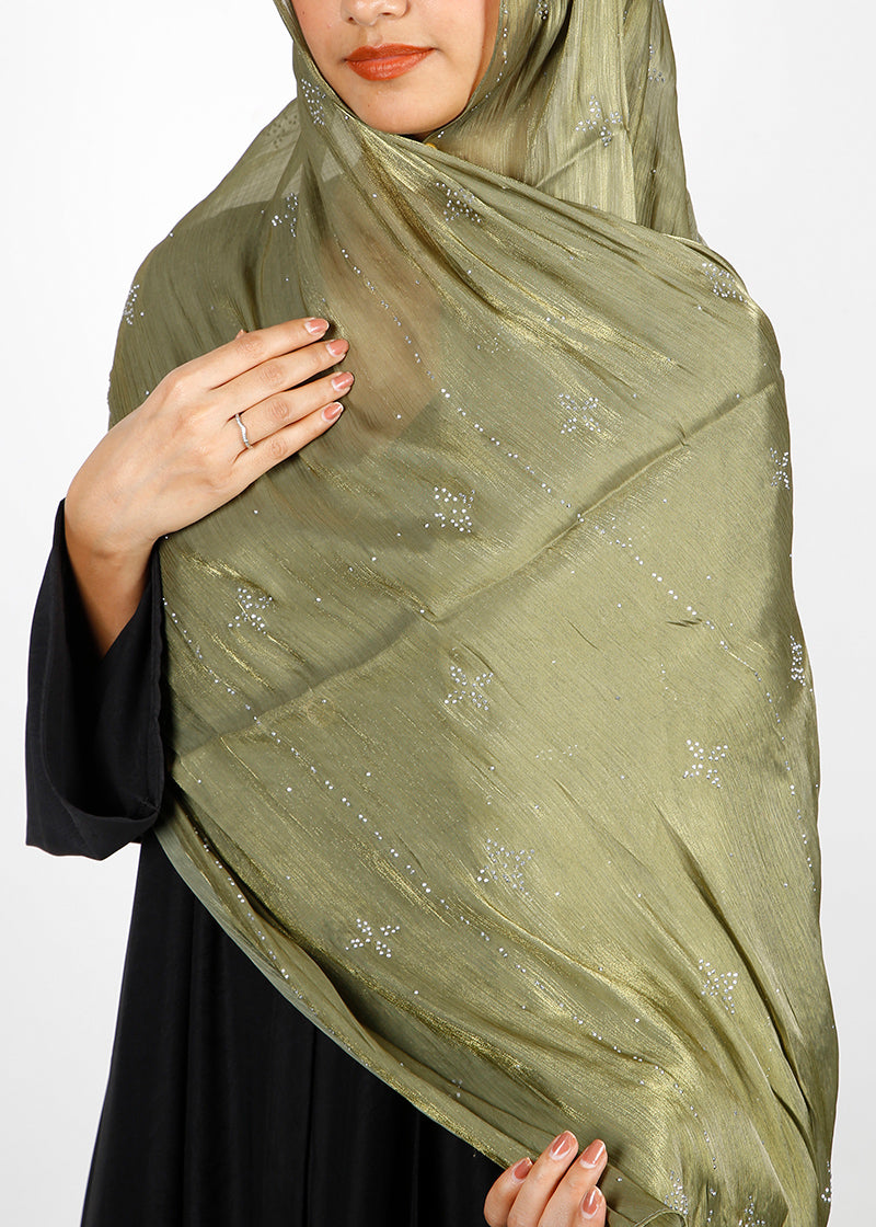 BeingMuslims Graceful Diamond Work Organza Hijab Sage Green Pack of 10