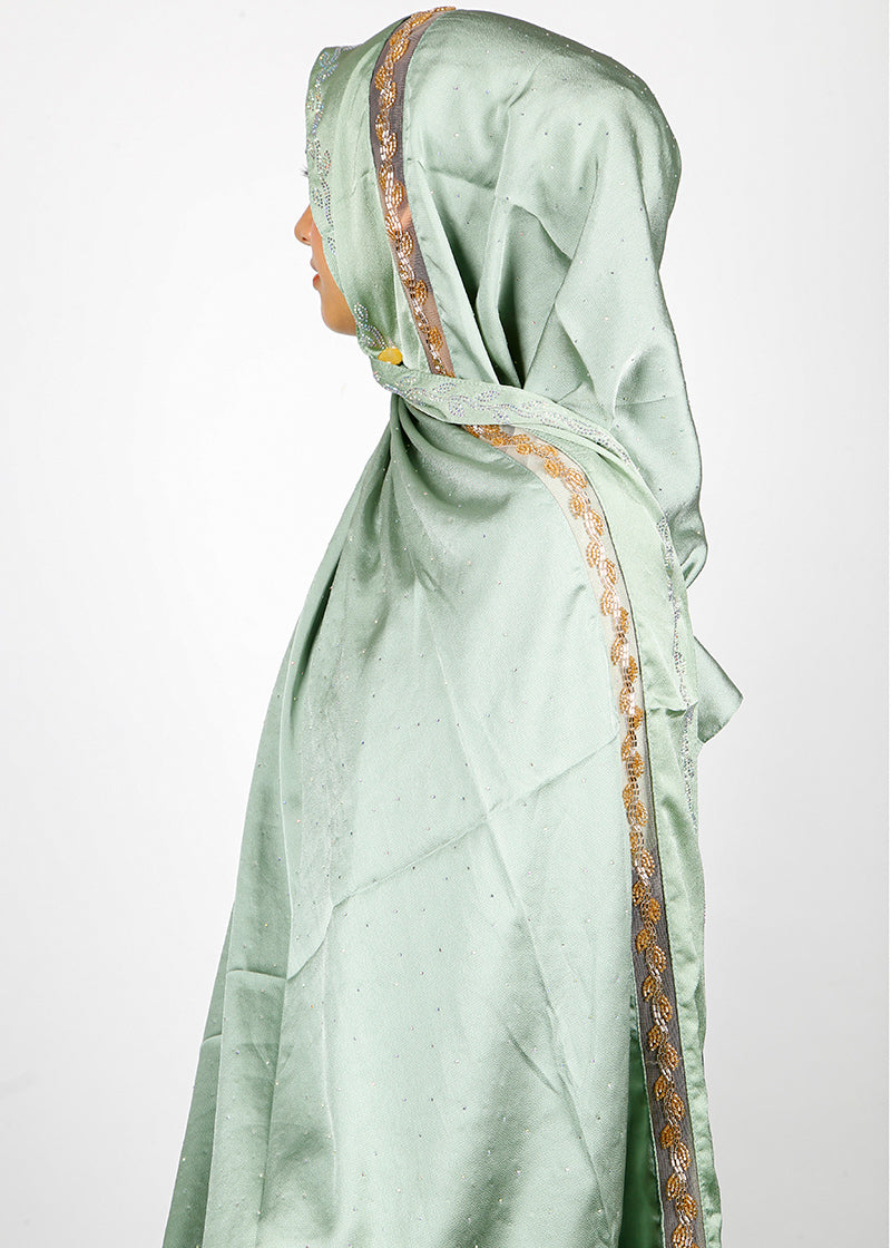 BeingMuslims Cutdana Work Bubble Satin Hijab Light Green Pack of 10