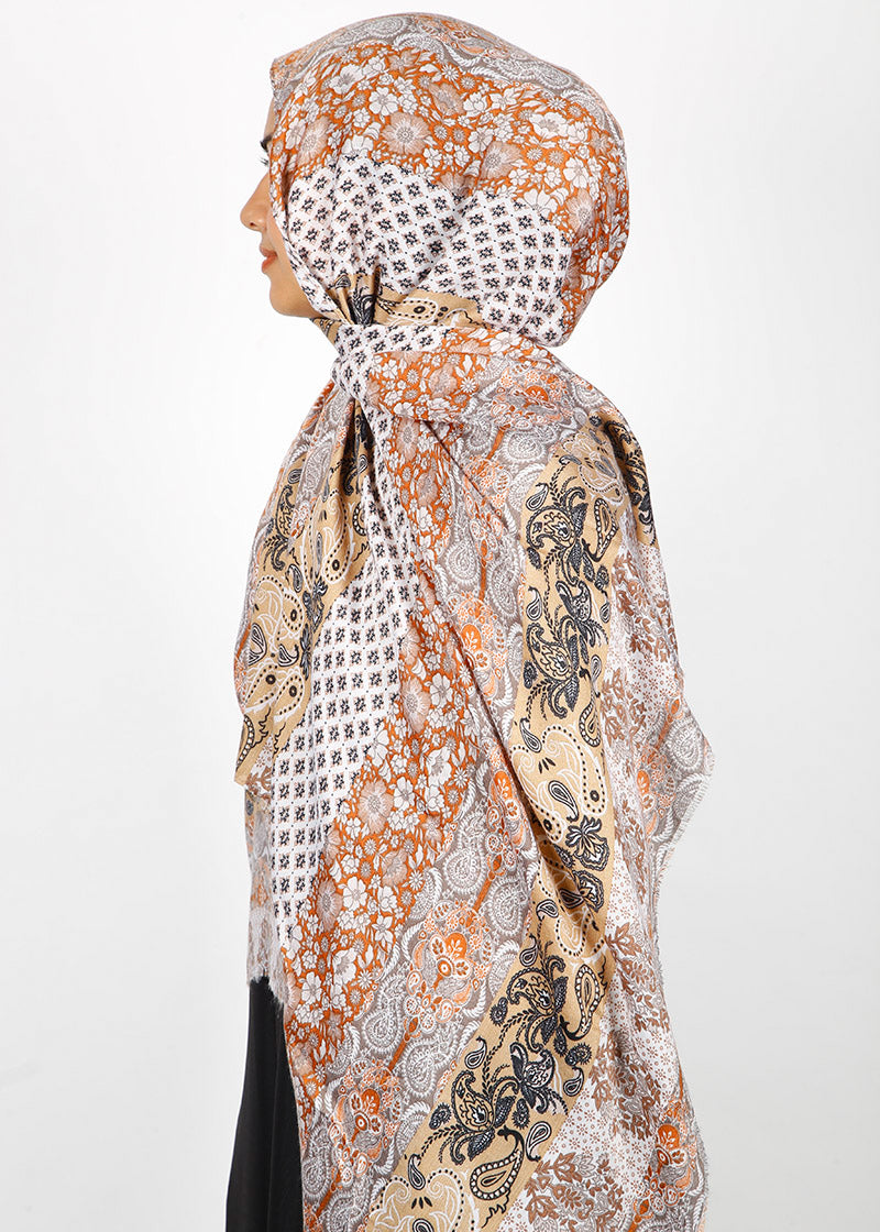 BeingMuslims Paisley Design Printed Soft Viscose Hijab Burnt Orange Pack of 10