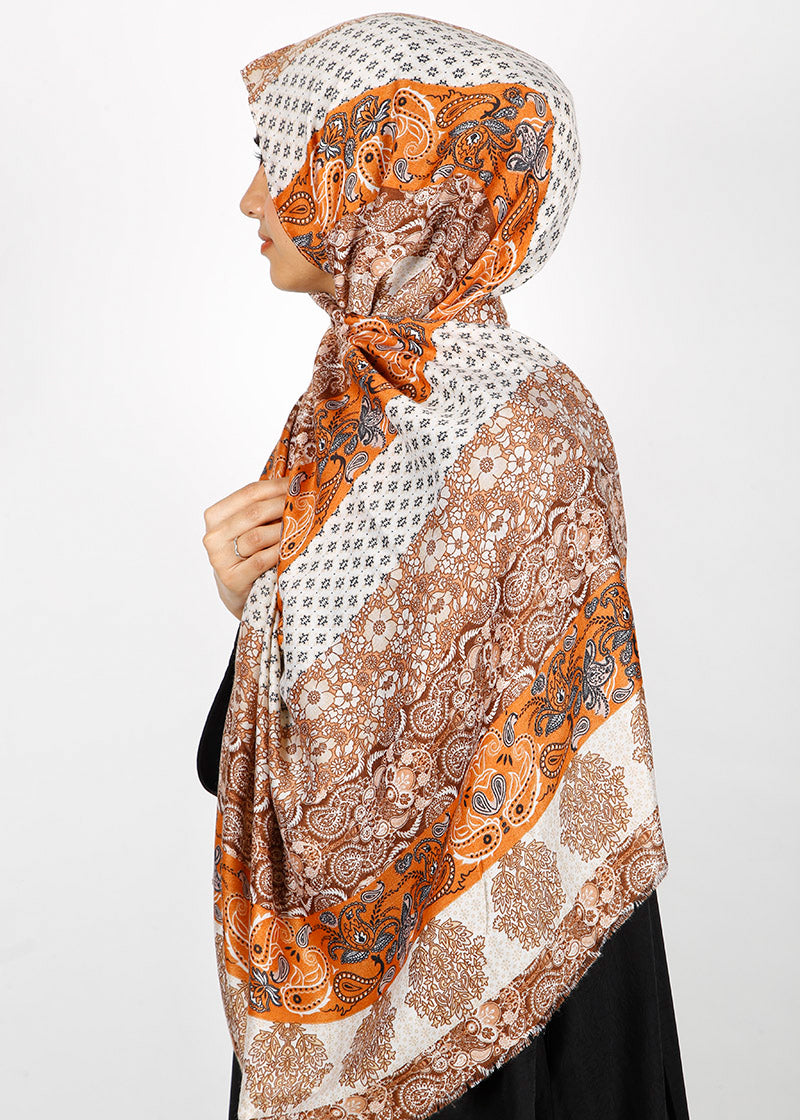 BeingMuslims Paisley Design Printed Soft Viscose Hijab Orange Pack of 10