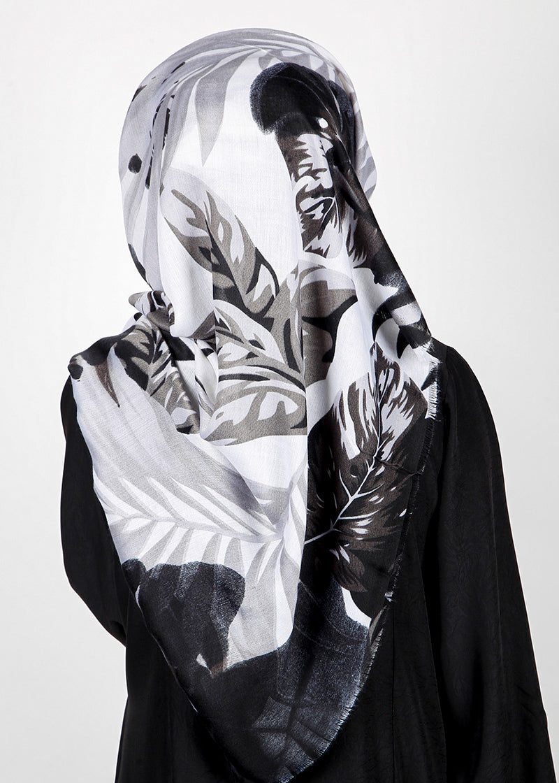 BeingMuslims Flowery Design Printed Viscose Hijab Black & White Pack of 10