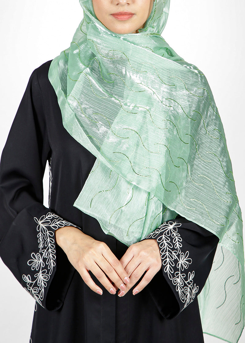 BeingMuslims Swarovski Work Organza Luxury Hijab Mint Green Pack of 10