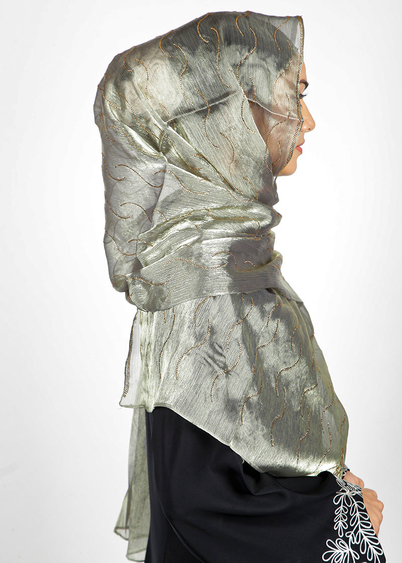 BeingMuslims Swarovski Work Organza Luxury Hijab Sage Green Pack of 10