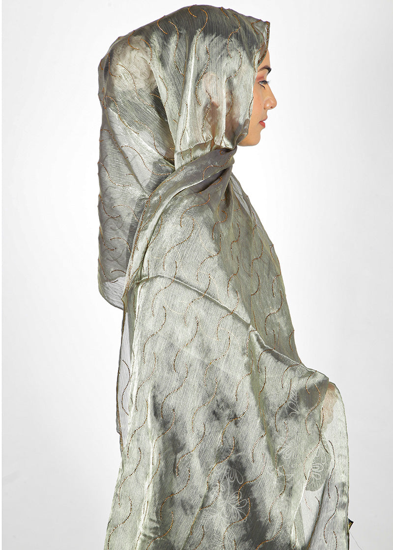 BeingMuslims Swarovski Work Organza Luxury Hijab Sage Green Pack of 10