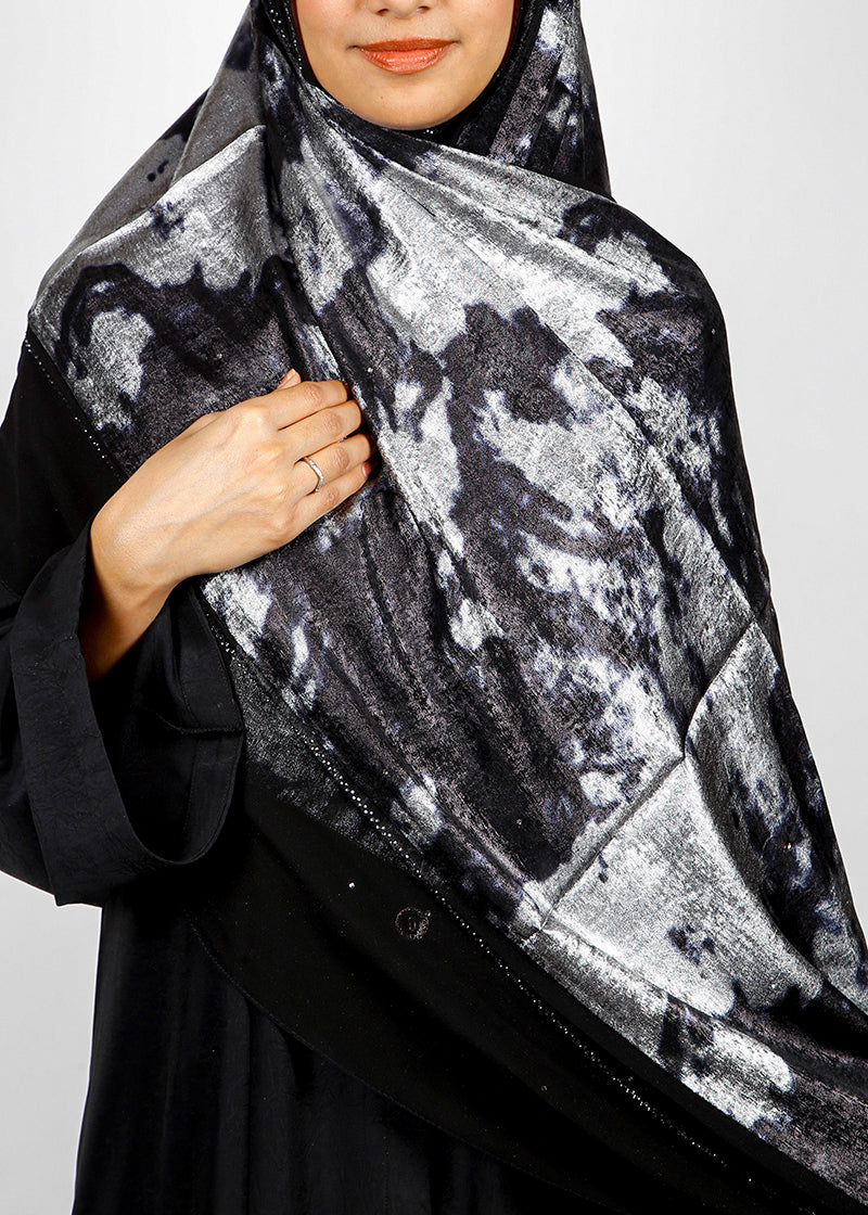 BeingMuslims Metallic Velvet Satin Luxury Hijab Black & Silver Pack of 10