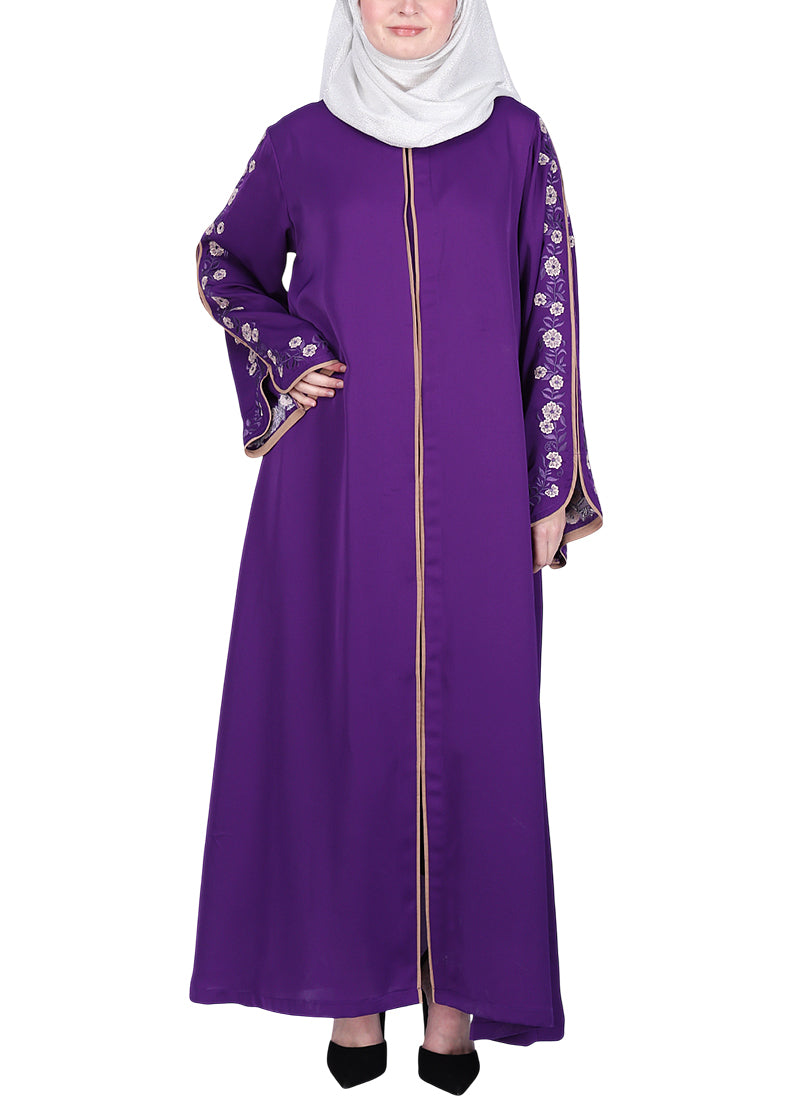 Being Muslims Contrast Sleeve Embroidery Qatari Nida Abaya Purple
