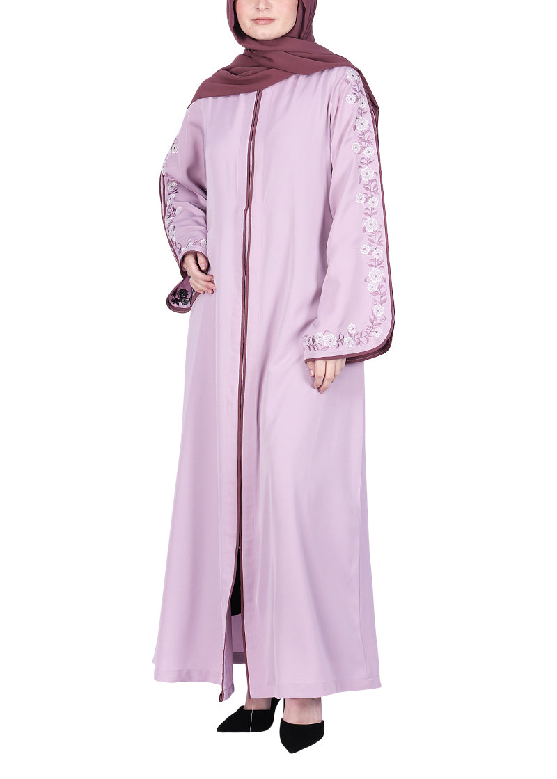 Being Muslims Contrast Sleeve Embroidery Qatari Nida Abaya Light Purple