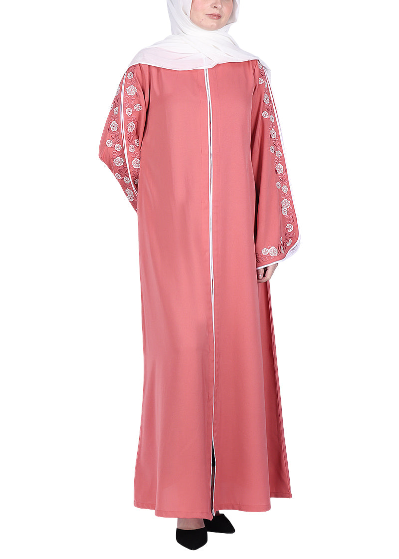 Being Muslims Contrast Sleeve Embroidery Qatari Nida Abaya Peach