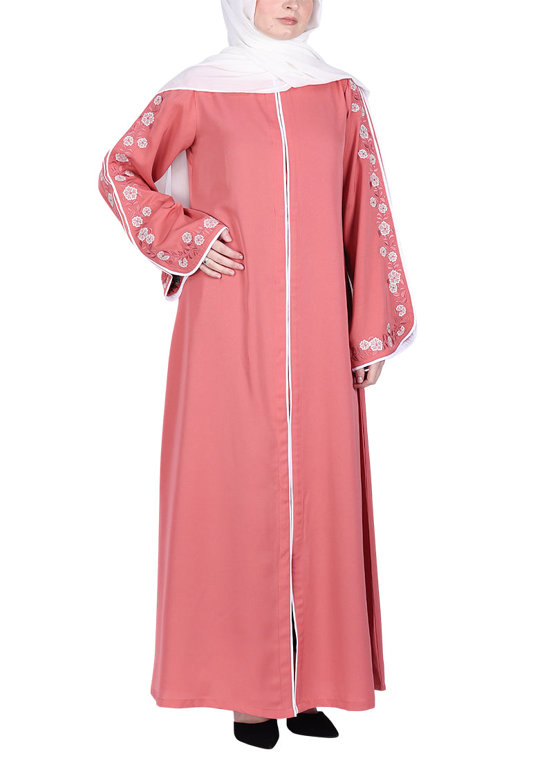 Being Muslims Contrast Sleeve Embroidery Qatari Nida Abaya Peach