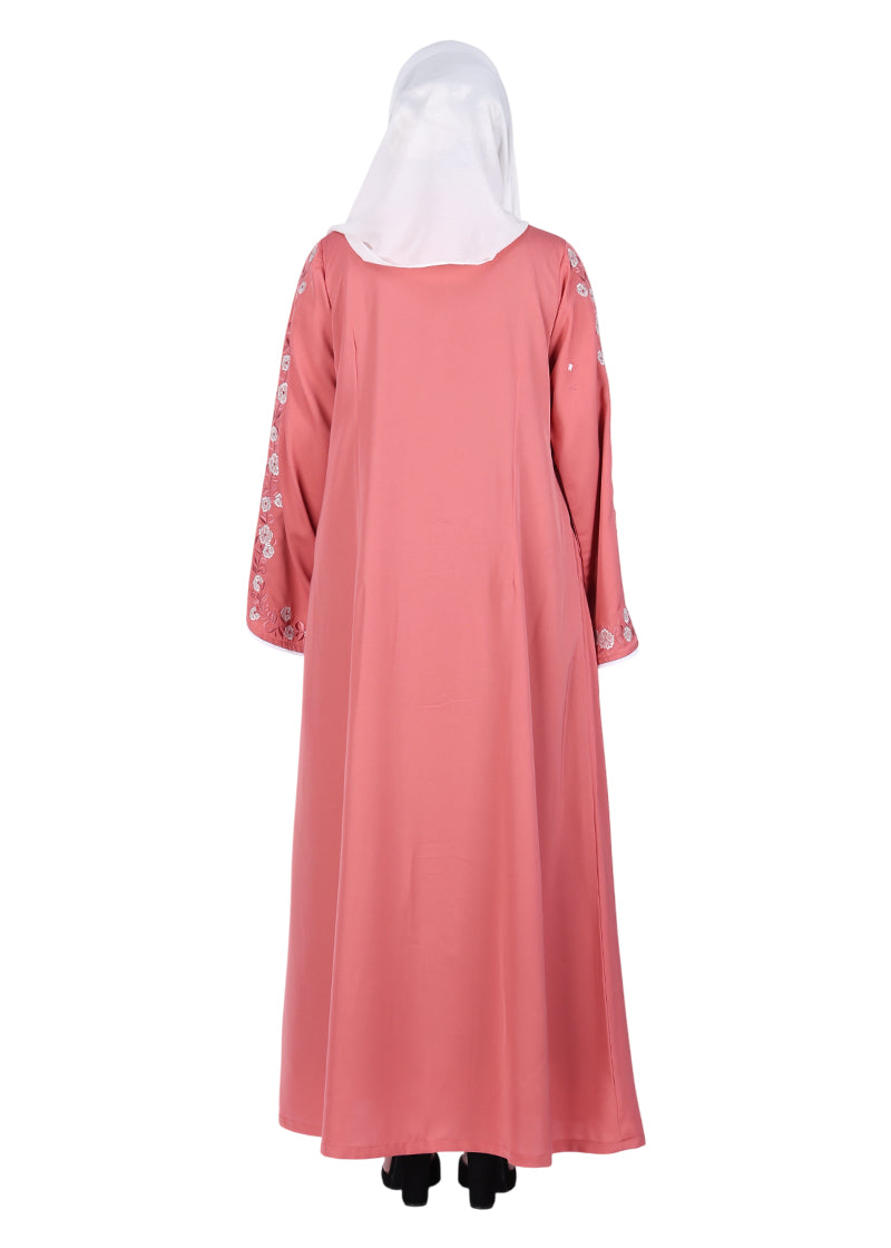 Being Muslims Contrast Sleeve Embroidery Qatari Nida Abaya Peach