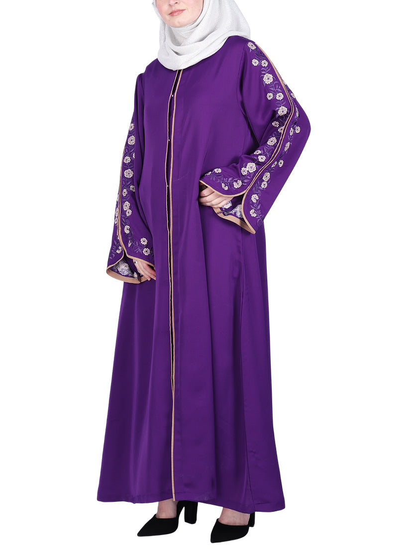 Being Muslims Contrast Sleeve Embroidery Qatari Nida Abaya Purple