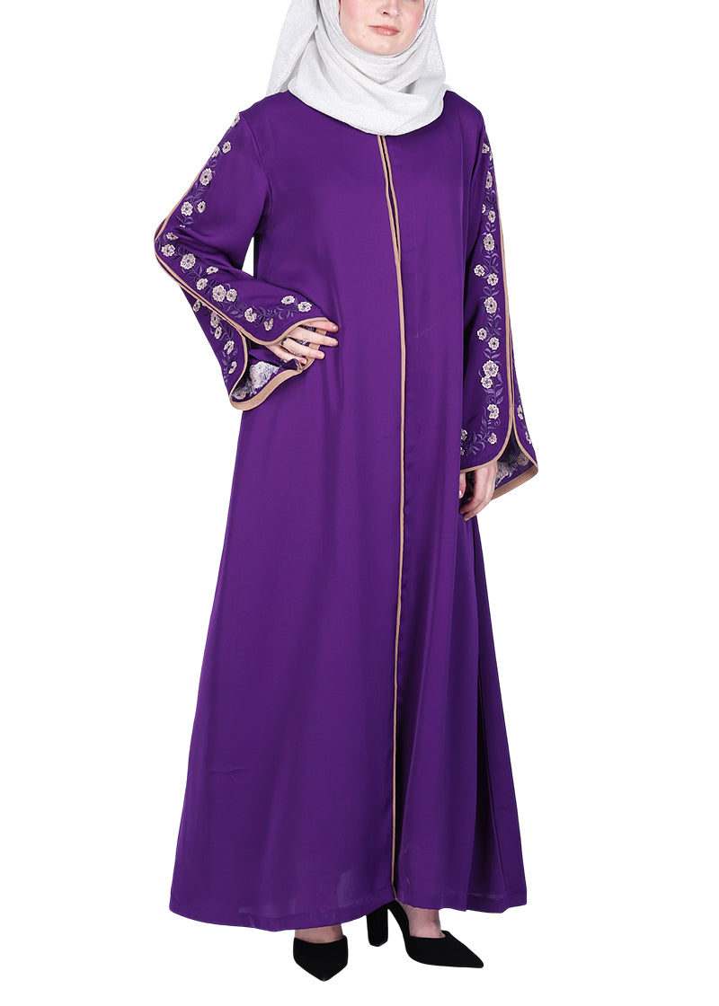 Being Muslims Contrast Sleeve Embroidery Qatari Nida Abaya Purple