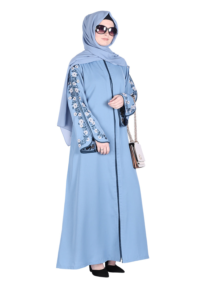 Being Muslims Contrast Sleeve Embroidery Qatari Nida Abaya Sky Blue