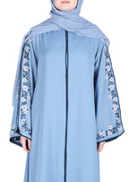 Being Muslims Contrast Sleeve Embroidery Qatari Nida Abaya Sky Blue