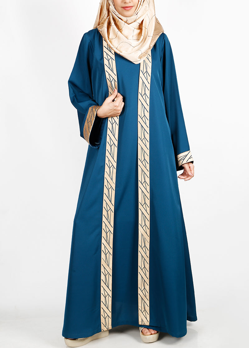 BeingMuslims Set with Gold Trim Shrug Outer and Matching Inner Abaya Teal Green