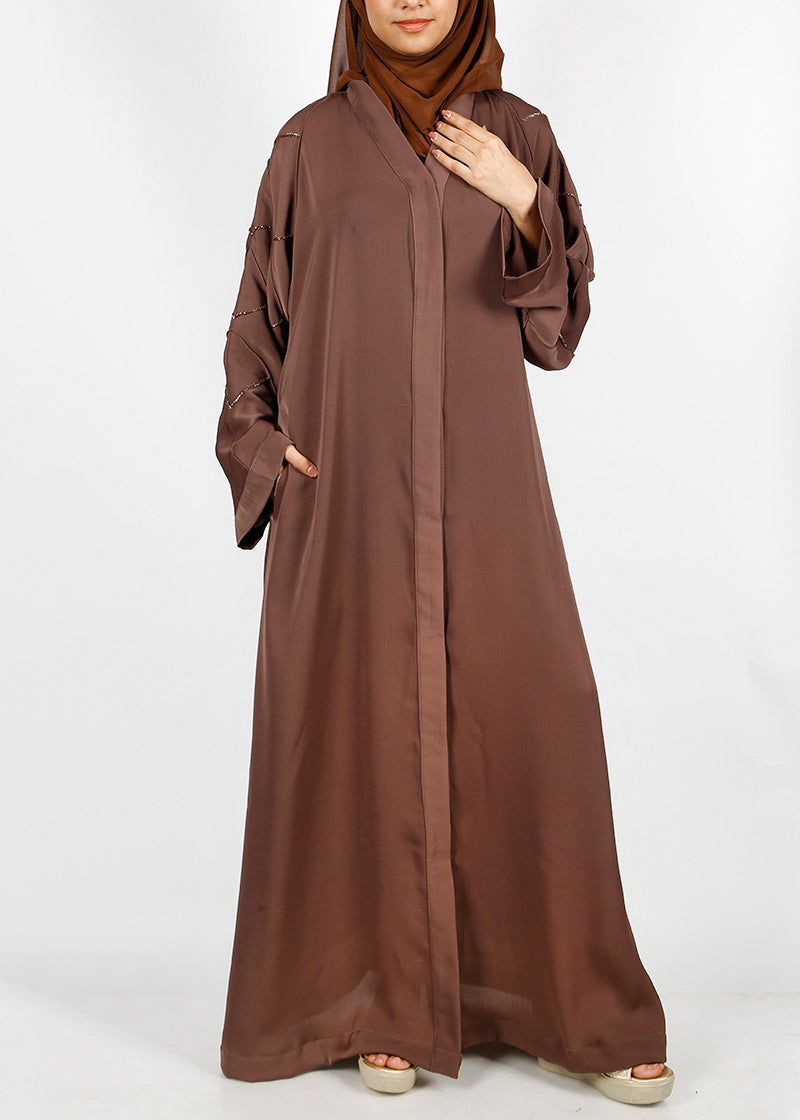 BeingMuslims Purple Dubai Style Abaya with Cut-dana work on sleeves Chocolate Brown