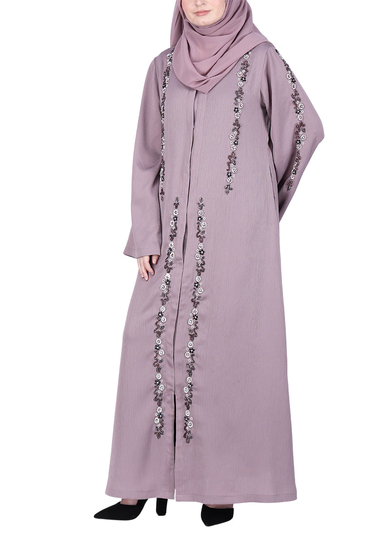 BeingMuslims Abaya with Designer Intricate Hand Embroidery Purple