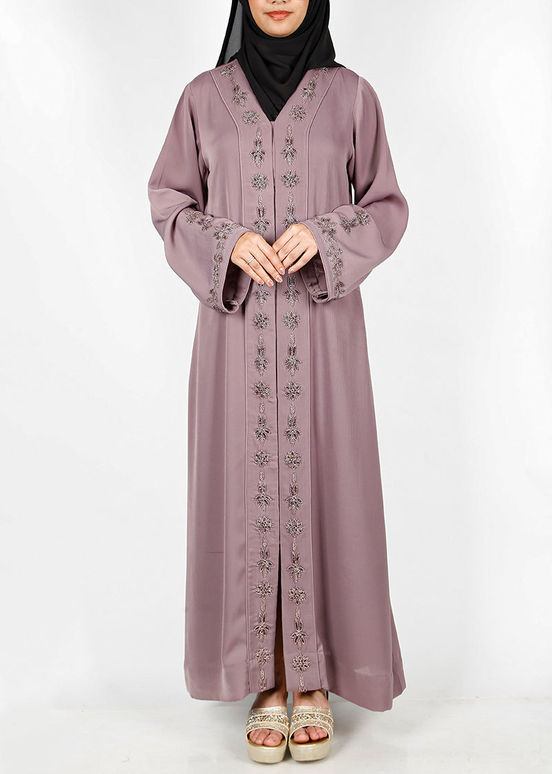 BeingMuslims Dusty Purple Abaya with Rich Intricate Hand Embroidery Light Purple