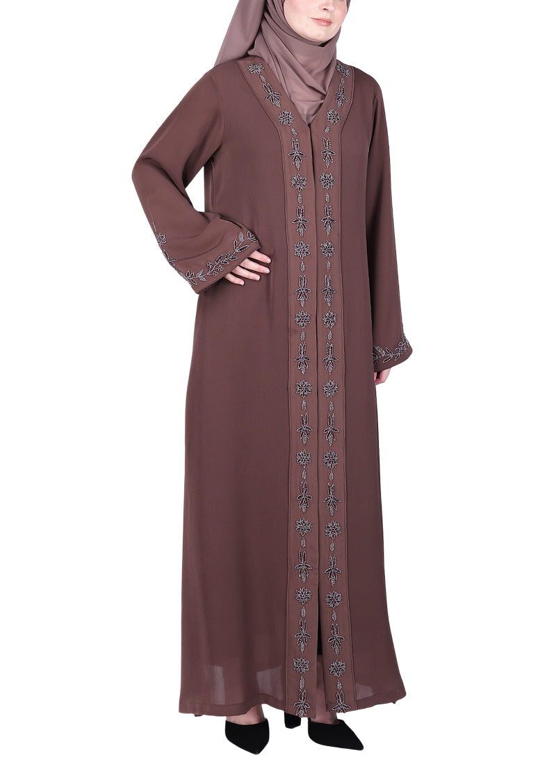 BeingMuslims Abaya with Rich Intricate Hand Embroidery Brown