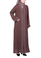 BeingMuslims Abaya with Rich Intricate Hand Embroidery Brown
