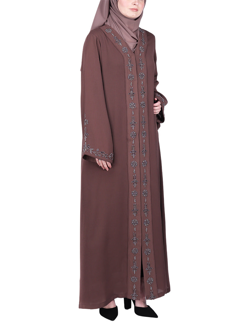 BeingMuslims Abaya with Rich Intricate Hand Embroidery Brown