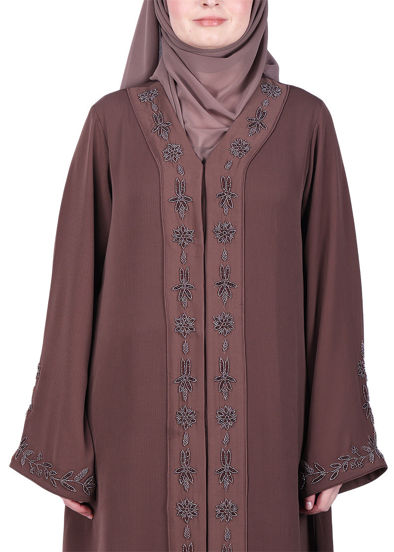 BeingMuslims Abaya with Rich Intricate Hand Embroidery Brown