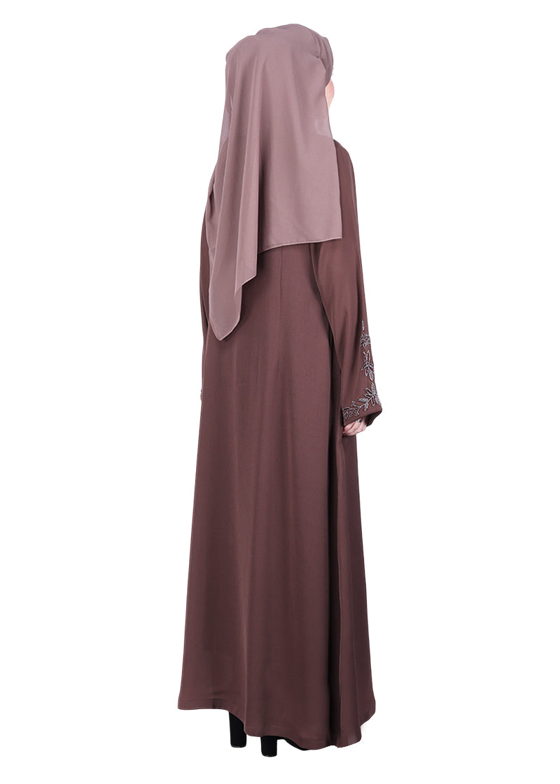 BeingMuslims Abaya with Rich Intricate Hand Embroidery Brown