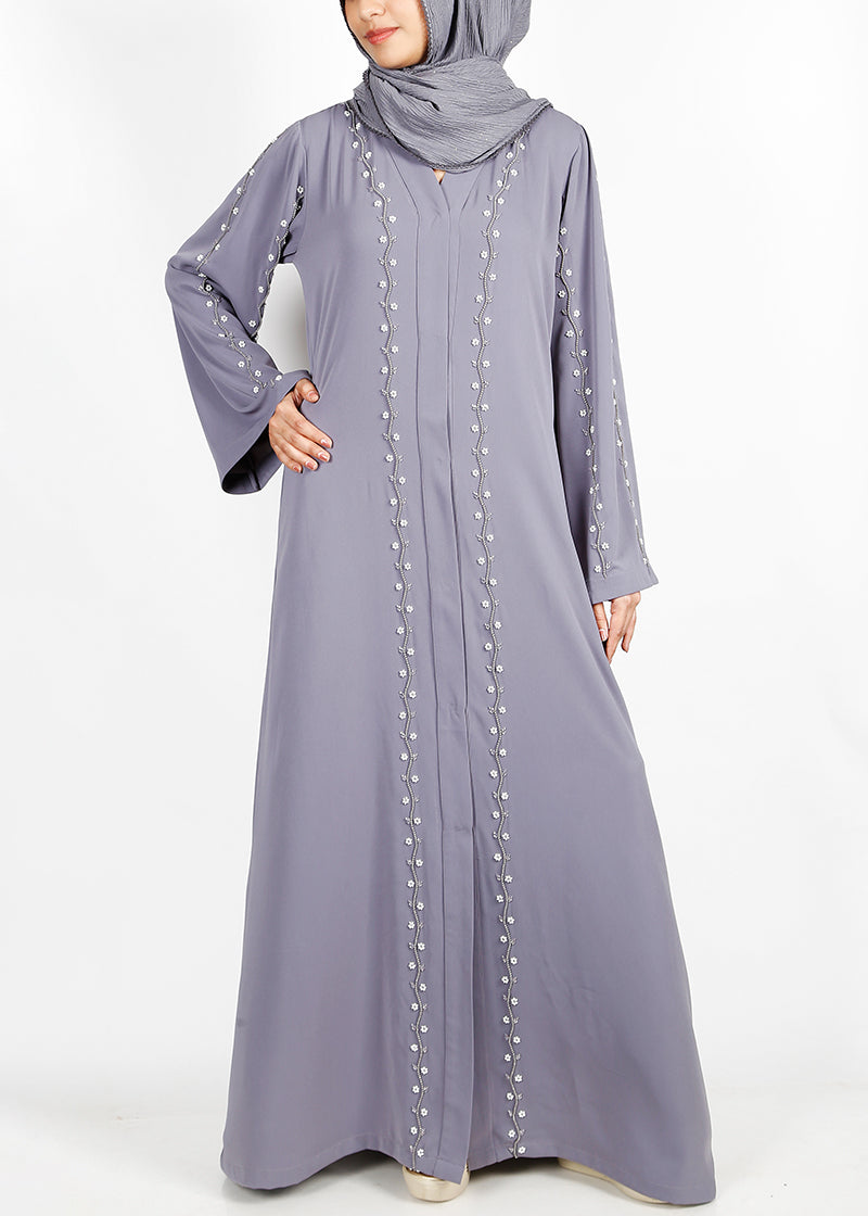 BeingMuslims Graceful Abaya with Beautiful Pearl Hand Embroidery Light Grey