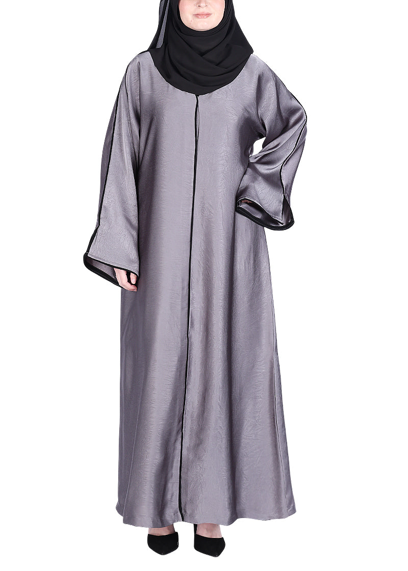 BeingMuslims Gleaming Elite Crush Abaya with Piping Dark Grey