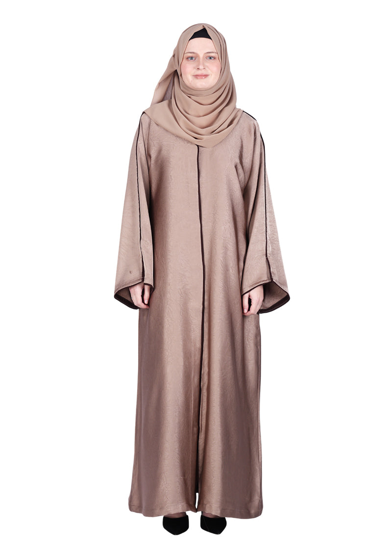 BeingMuslims Gleaming Elite Crush Abaya with Piping Oak Brown