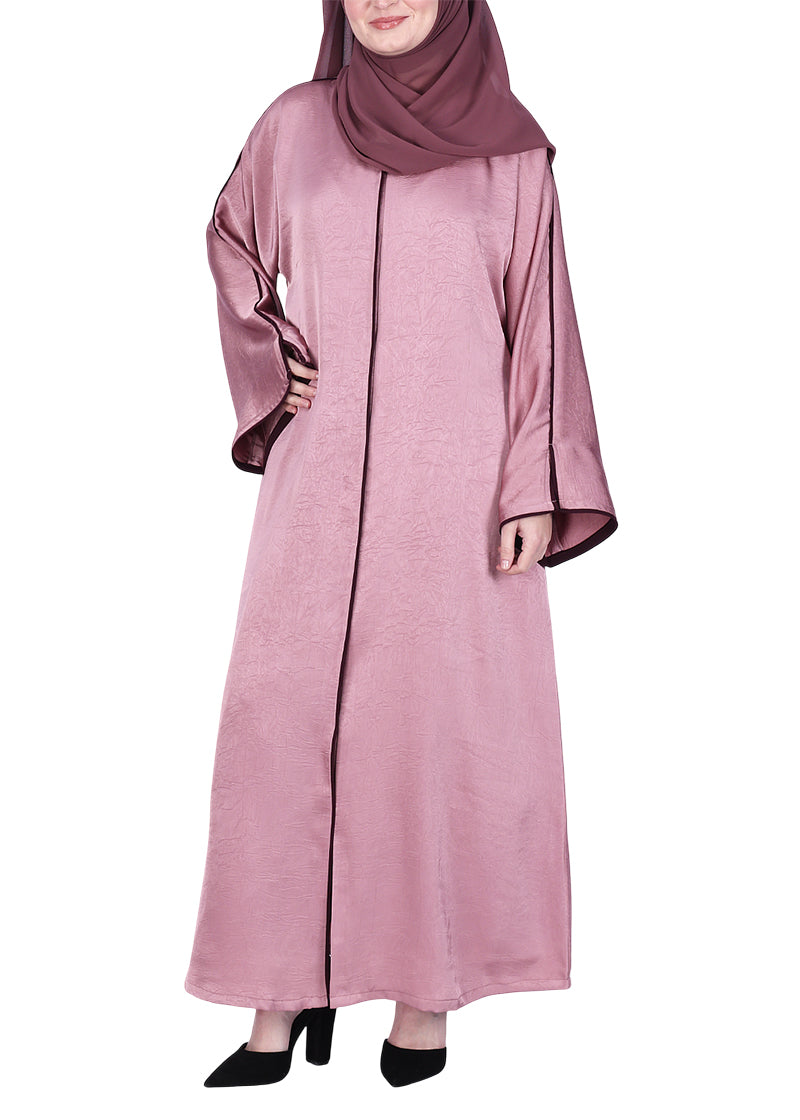 BeingMuslims Gleaming Elite Crush Abaya with Piping Onion Pink