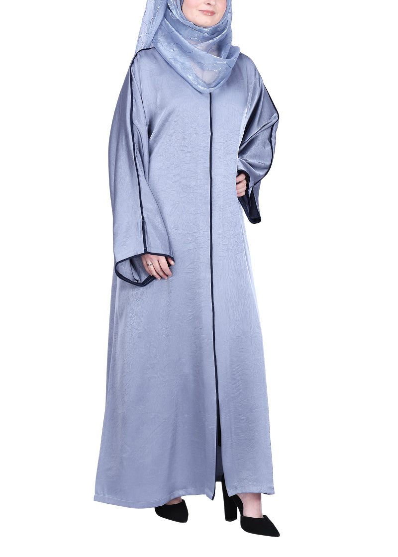 BeingMuslims Gleaming Elite Crush Abaya with Piping Silver