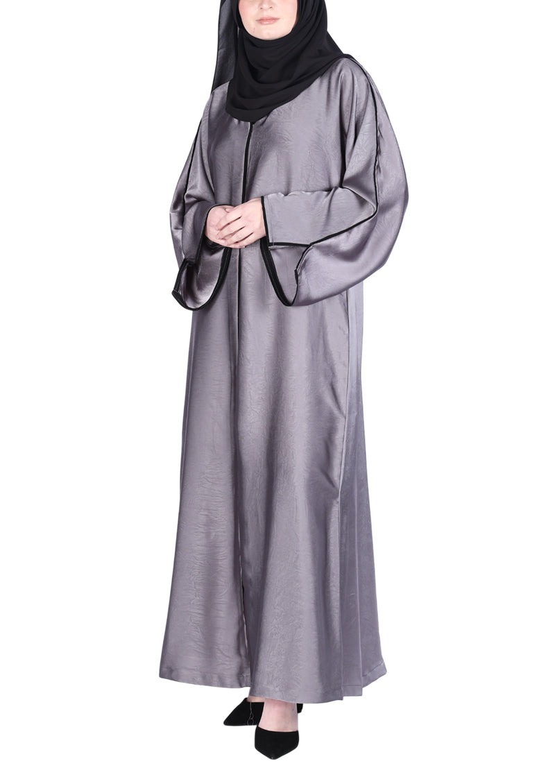 BeingMuslims Gleaming Elite Crush Abaya with Piping Dark Grey