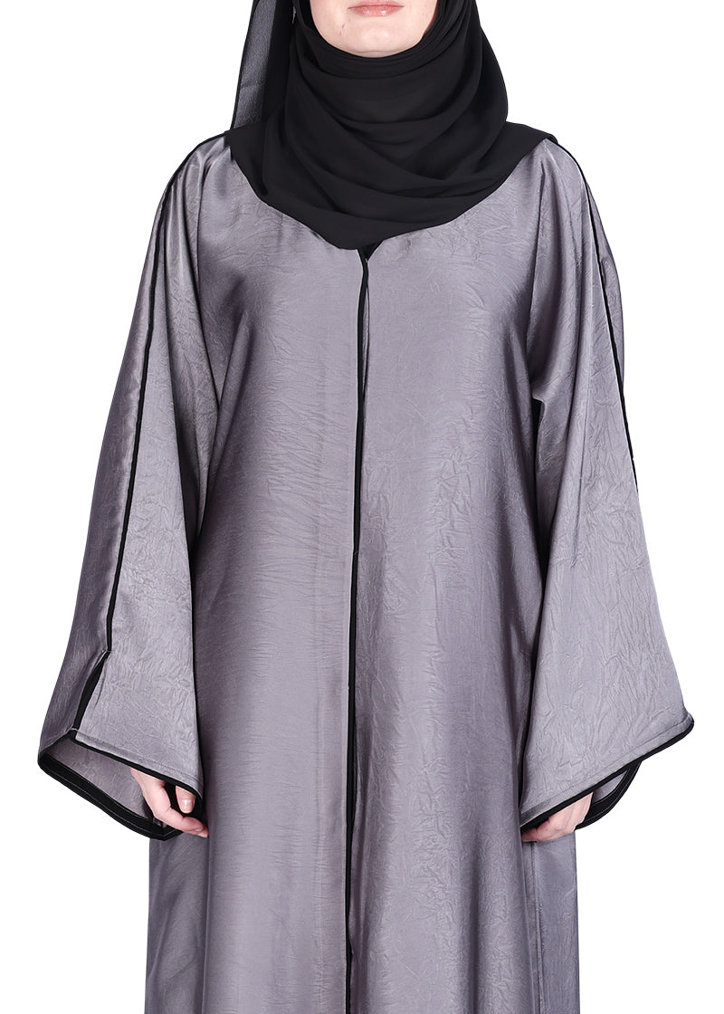 BeingMuslims Gleaming Elite Crush Abaya with Piping Dark Grey