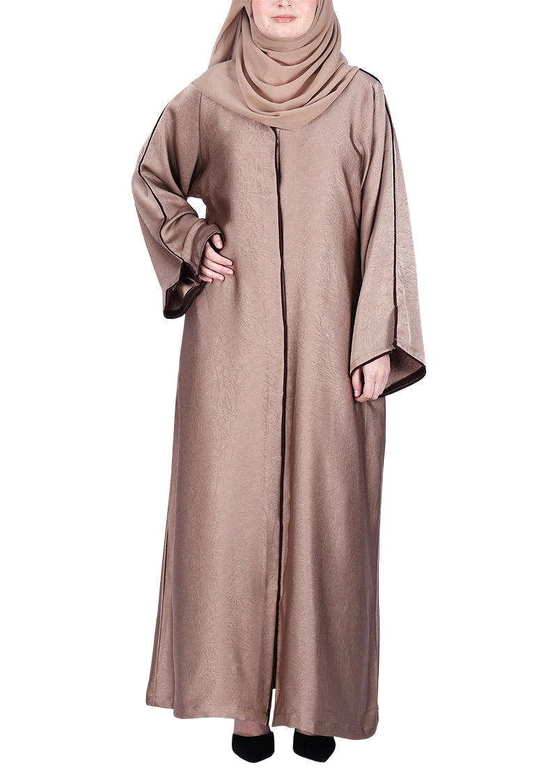 BeingMuslims Gleaming Elite Crush Abaya with Piping Oak Brown