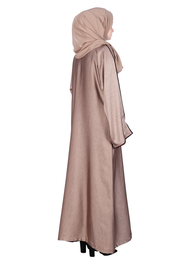 BeingMuslims Gleaming Elite Crush Abaya with Piping Oak Brown