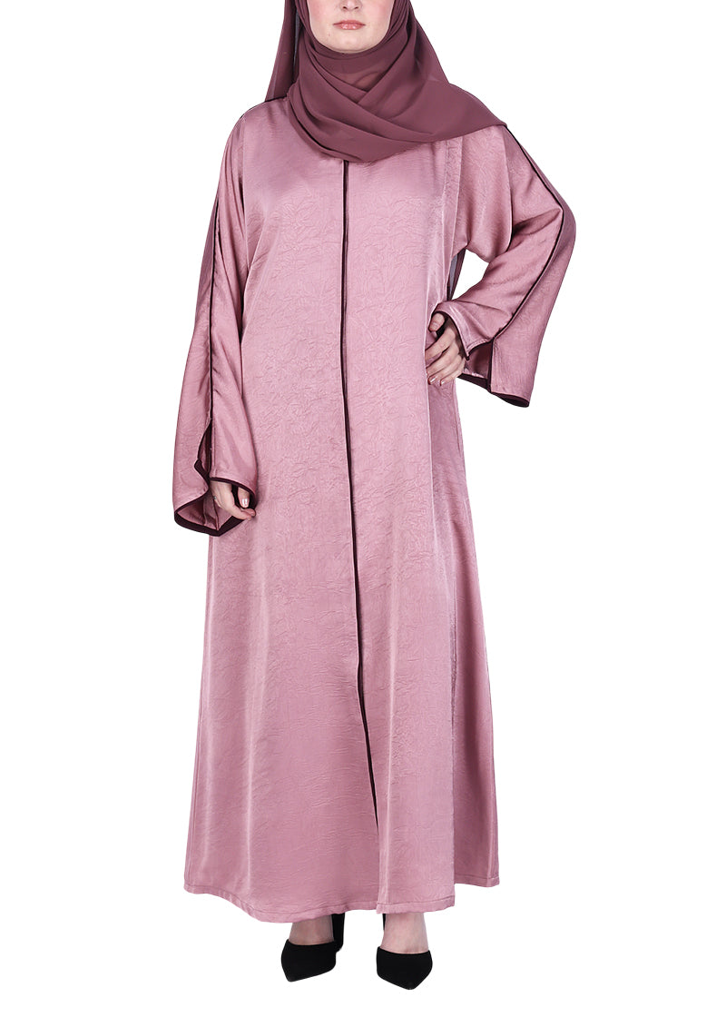 BeingMuslims Gleaming Elite Crush Abaya with Piping Onion Pink