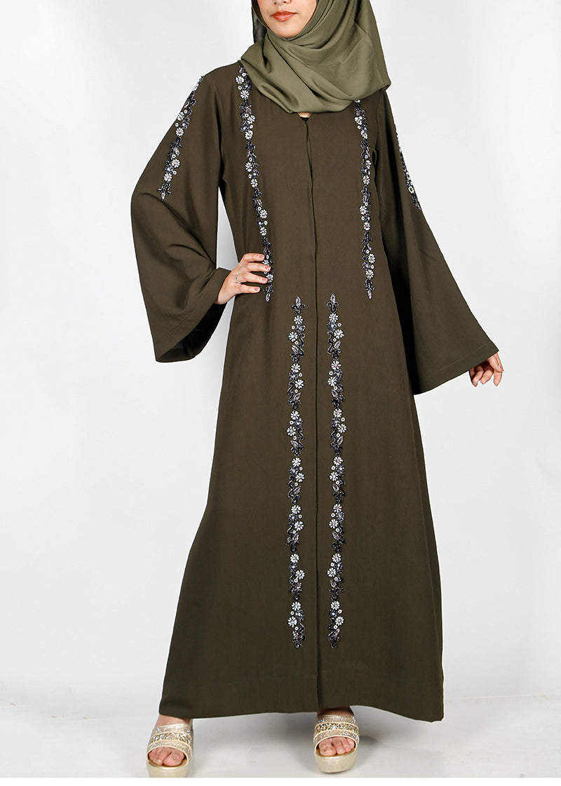 BeingMuslims Abaya with Magnificent Floral Bead Work