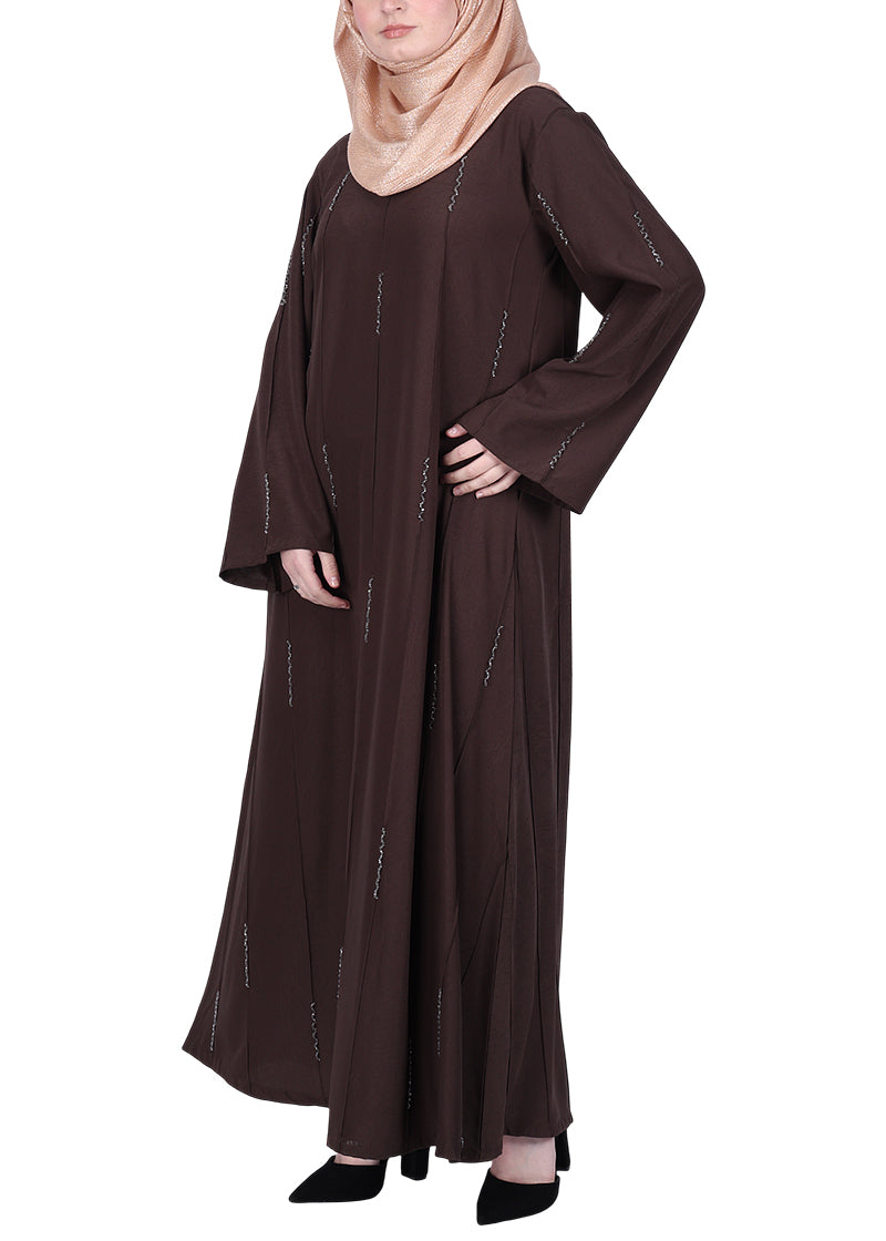 BeingMuslims Abaya with Vertical Piping with Hand Embroidery Dark Brown