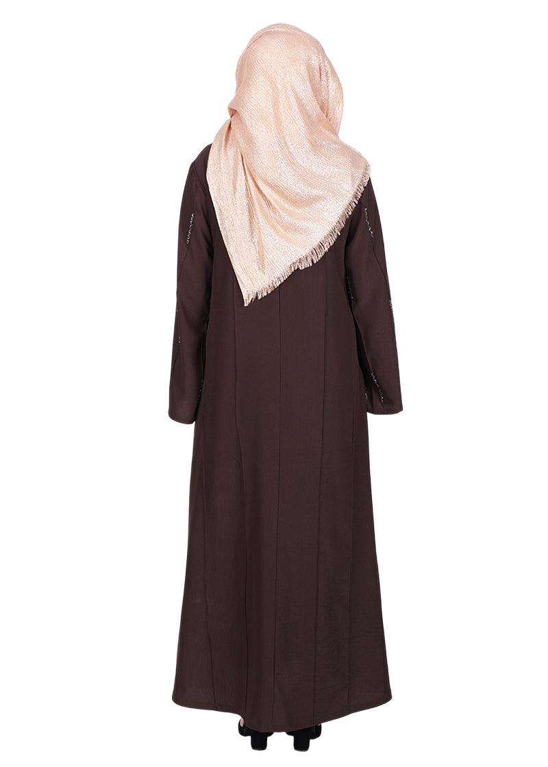 BeingMuslims Abaya with Vertical Piping with Hand Embroidery Dark Brown
