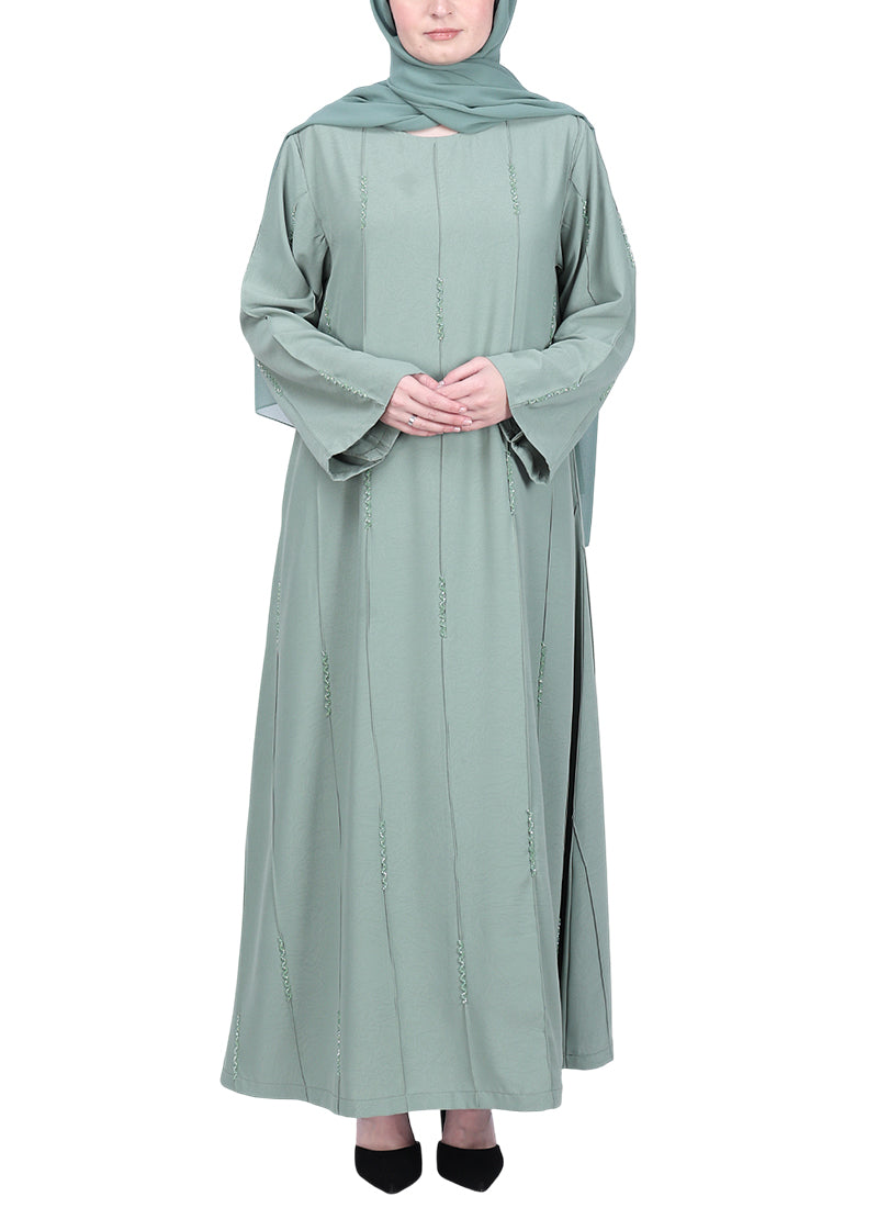 BeingMuslims Abaya with Vertical Piping with Hand Embroidery Mint