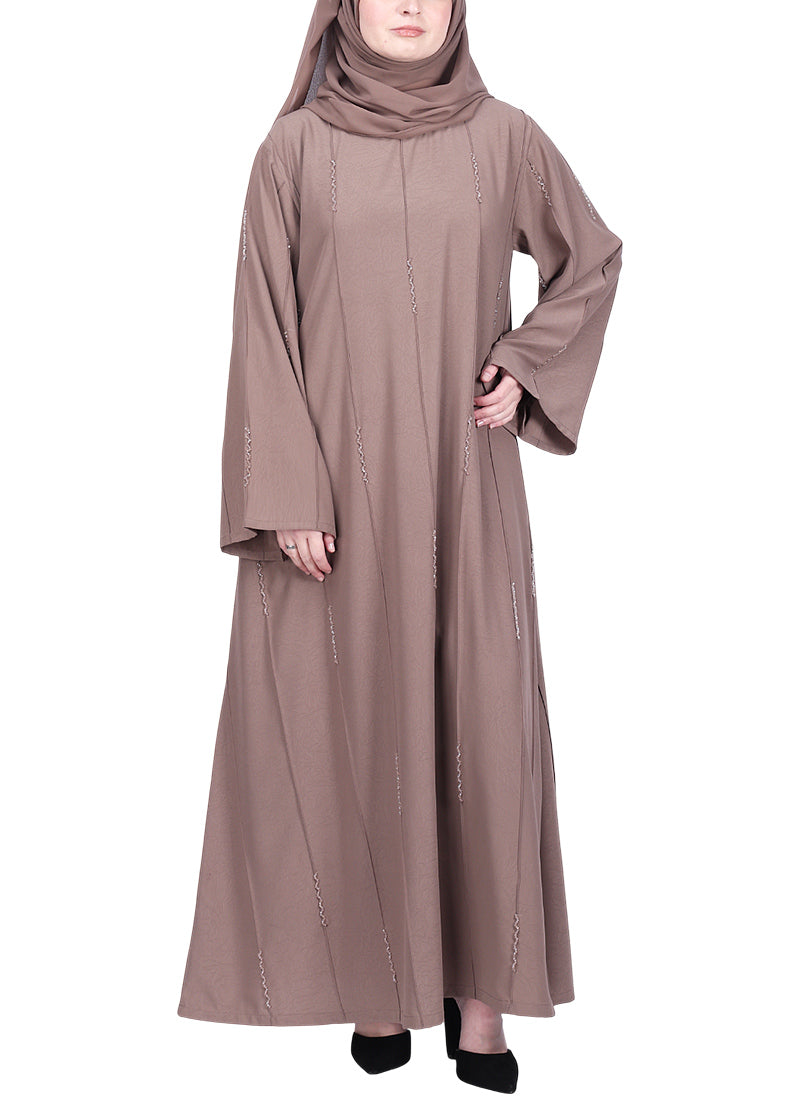 BeingMuslims Abaya with Vertical Piping with Hand Embroidery Oak Brown