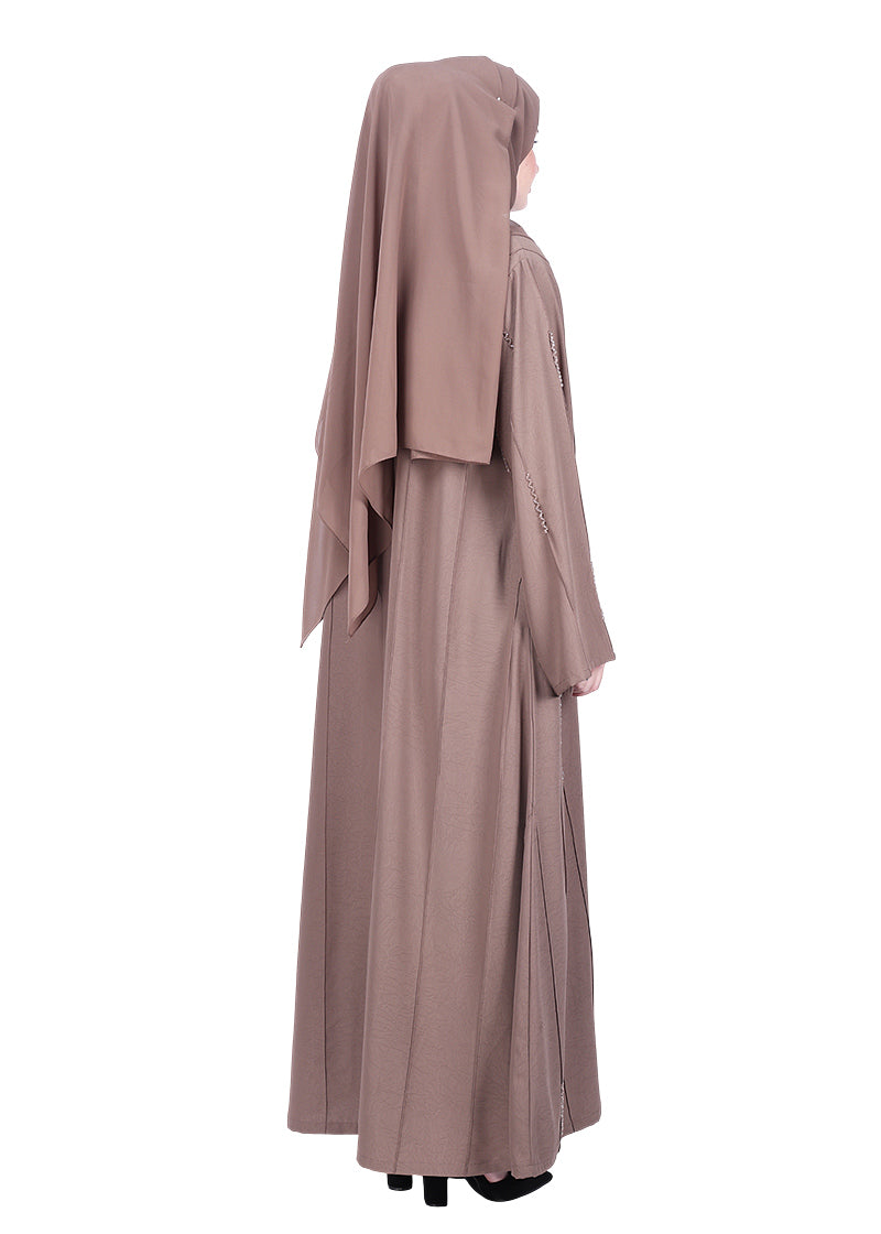BeingMuslims Abaya with Vertical Piping with Hand Embroidery Oak Brown