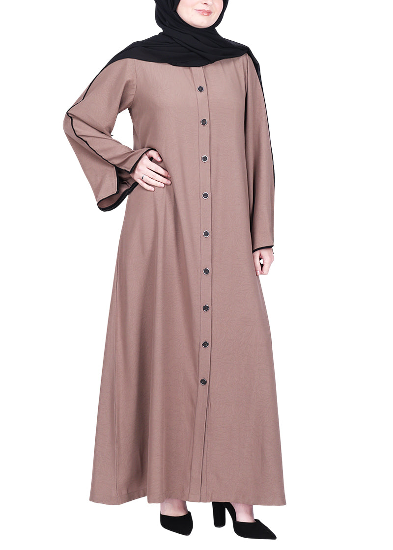 BeingMuslims Sophisticated Abaya with Back Piping. Oak Brown