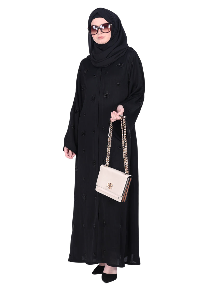 BeingMuslims Abaya with Starburst Crystal Embroidery Motifs Black