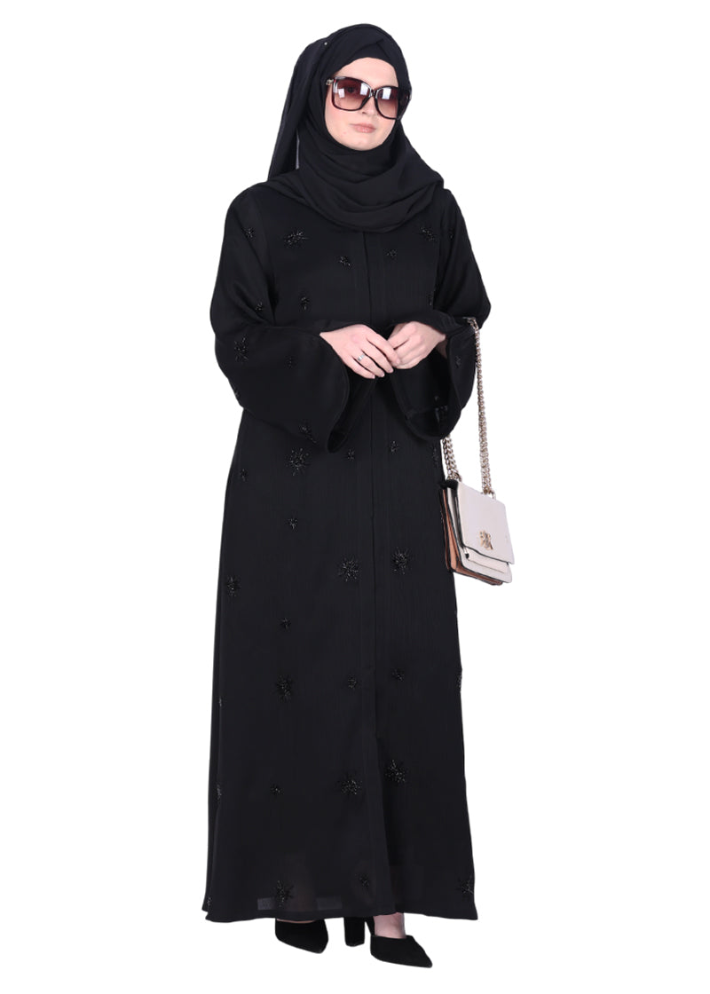 BeingMuslims Abaya with Starburst Crystal Embroidery Motifs Black