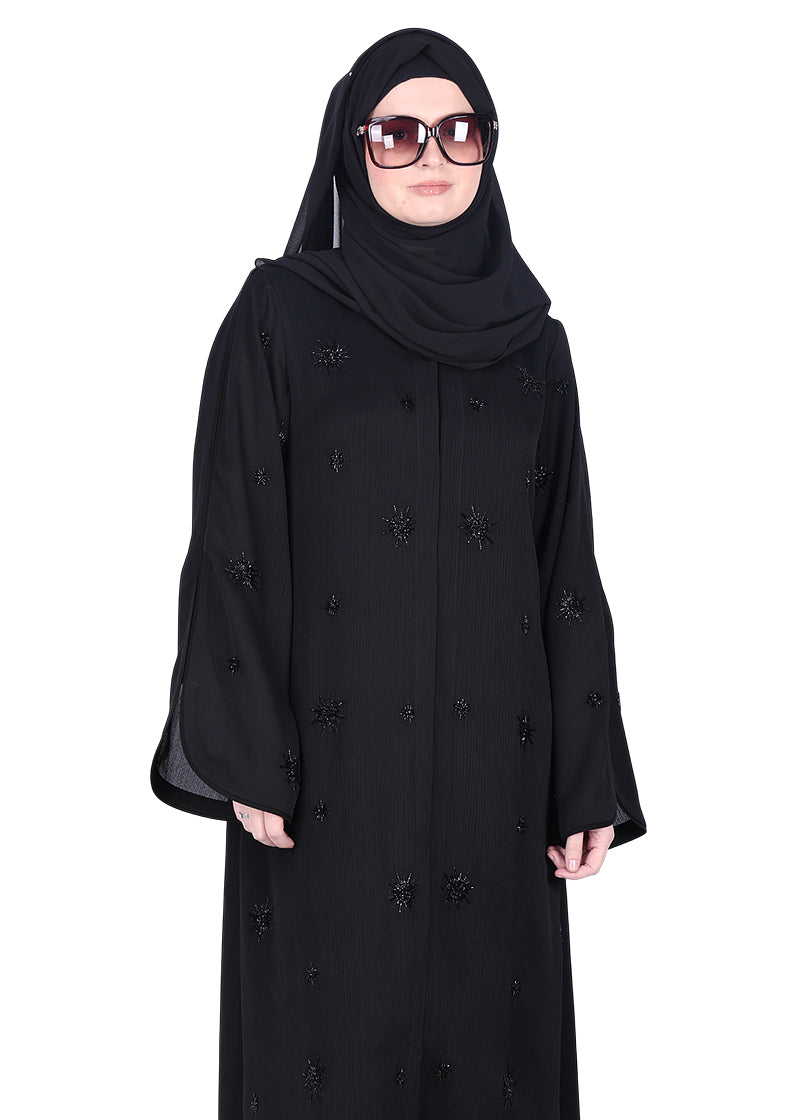 BeingMuslims Abaya with Starburst Crystal Embroidery Motifs Black